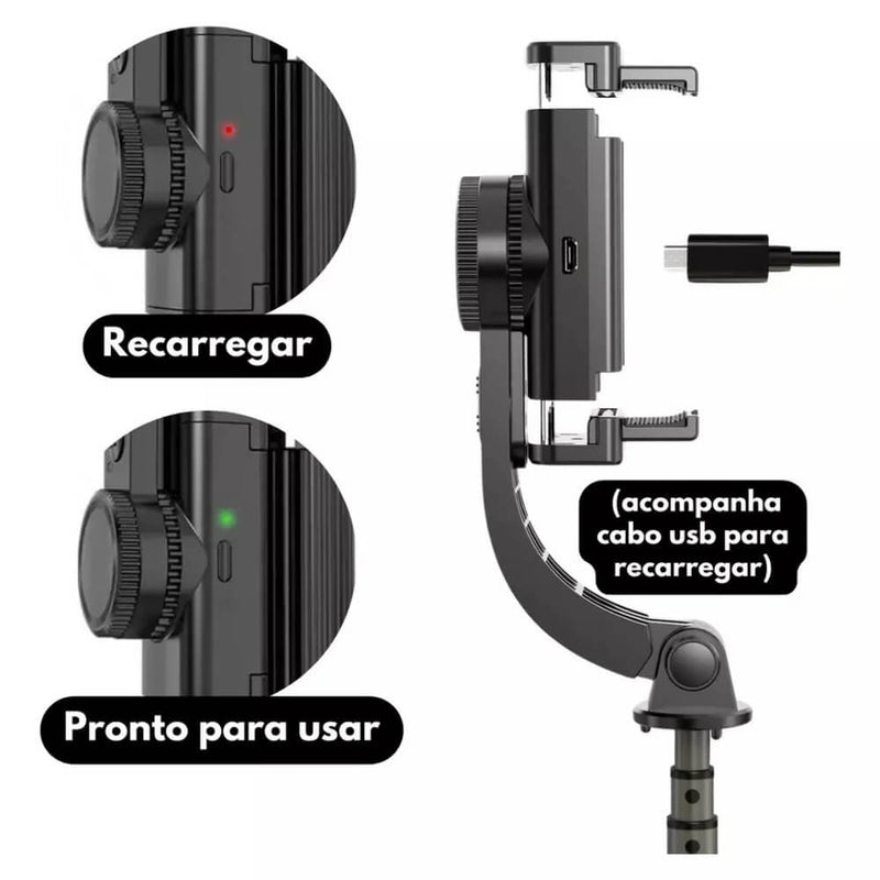 Gimbal estabilizador automático para Celular L08. Função anti-vibração, rotação 360 Graus, tripé embutido.