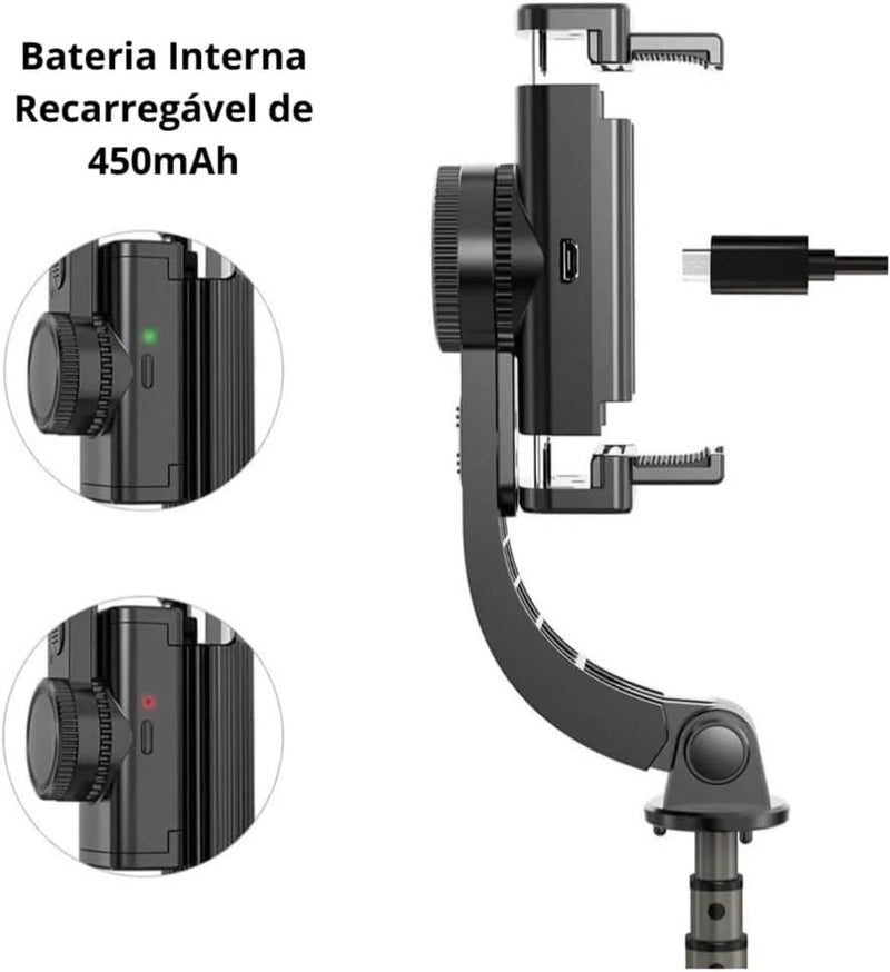 Gimbal estabilizador automático para Celular L08. Função anti-vibração, rotação 360 Graus, tripé embutido.